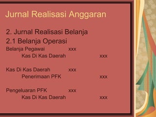 Jurnal Realisasi Anggaran 
2. Jurnal Realisasi Belanja 
2.1 Belanja Operasi 
Belanja Pegawai xxx 
Kas Di Kas Daerah xxx 
Kas Di Kas Daerah xxx 
Penerimaan PFK xxx 
Pengeluaran PFK xxx 
Kas Di Kas Daerah xxx 
 