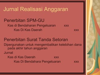 Jurnal Realisasi Anggaran 
Penerbitan SPM-GU 
Kas di Bendaharan Pengeluaran xxx 
Kas Di Kas Daerah xxx 
Penerbitan Surat Tanda Setoran 
Dipergunakan untuk mengembalikan kelebihan dana 
pada akhir tahun anggaran 
Jurnal 
Kas di Kas Daerah xxx 
Kas Di Bendahara Pengeluaran xxx 
 