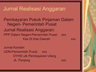 Jurnal Realisasi Anggaran 
Pembayaran Pokok Pinjaman Dalam 
Negeri- Pemerintah Pusat 
Jurnal Realisasi Anggaran: 
PPP Dalam Negeri-Pemerintah Pusat xxx 
Kas Di Kas Daerah xxx 
Jurnal Korolari 
UDN-Pemerintah Pusat xxx 
DYHD utk Pembayaran Utang 
Jk. Panjang xxx 
 