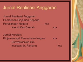 Jurnal Realisasi Anggaran 
Jurnal Realisasi Anggaran: 
Pemberian Pinjaman Kepada 
Perusahaan Negara xxx 
Kas di Kas Daerah xxx 
Jurnal Korolari: 
Pinjaman kpd Perusahaan Negara xxx 
Diinvestasikan dlm 
investasi jk. Panjang xxx 
