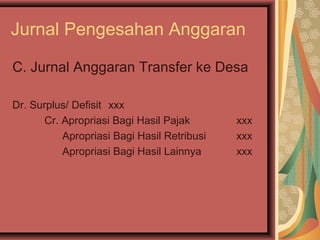 Jurnal Pengesahan Anggaran 
C. Jurnal Anggaran Transfer ke Desa 
Dr. Surplus/ Defisit xxx 
Cr. Apropriasi Bagi Hasil Pajak xxx 
Apropriasi Bagi Hasil Retribusi xxx 
Apropriasi Bagi Hasil Lainnya xxx 
 