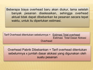 Overhead Pabrik Dibebankan = Tarif overhead ditentukan
sebelumnya x jumlah dasar alokasi yang digunakan oleh
suatu pesanan
Tarif Overhead ditentukan sebelumnya = Estimasi Total overhead
Estimasi Total Dasar Alokasi
Overhead
Beberapa biaya overhead baru akan diukur, lama setelah
banyak pesanan diselesaikan, sehingga overhead
aktual tidak dapat dibebankan ke pesanan secara tepat
waktu, untuk itu diperlukan estimasi.
 