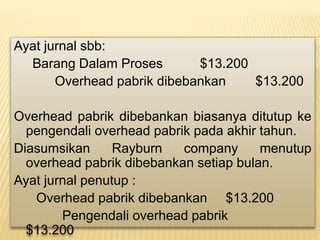 Ayat jurnal sbb:
Barang Dalam Proses $13.200
Overhead pabrik dibebankan $13.200
Overhead pabrik dibebankan biasanya ditutup ke
pengendali overhead pabrik pada akhir tahun.
Diasumsikan Rayburn company menutup
overhead pabrik dibebankan setiap bulan.
Ayat jurnal penutup :
Overhead pabrik dibebankan $13.200
Pengendali overhead pabrik
$13.200
 