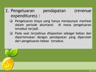 2. Pengeluaran pendapatan (revenue
expenditures) :
 Pengeluaran biaya yang hanya mempunyai manfaat
dalam periode akuntansi di mana pengeluaran
tersebut terjadi.
 Pada saat terjadinya dilaporkan sebagai beban dan
dipertemukan dengan pendapatan yang diperoleh
dari pengeluaran beban tersebut.
 