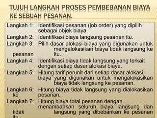 TUJUH LANGKAH PROSES PEMBEBANAN BIAYA
KE SEBUAH PESANAN.
Langkah 1: Identifikasi pesanan (job order) yang dipilih
sebagai objek biaya.
Langkah 2: Identifikasi biaya langsung pesanan itu.
Langkah 3: Pilih dasar alokasi biaya yang digunakan untuk
mengalokasikan biaya tidak langsung ke
pesanan itu.
Langkah 4: Identifikasi biaya tidak langsung yang terkait
dengan setiap dasar alokasi biaya.
Langkah 5: Hitung tarif perunit dari setiap dasar alokasi
biaya yang digunakan untuk mengalokasikan
biaya tidak langsung ke pesanan.
Langkah 6: Hitung biaya tidak langsung yang dialokasikan
ke pesanan.
Langkah 7: Hitung biaya total pesanan dengan
menambahkan seluruh biaya langsung dan
tidak langsung yang dibebankan ke pesanan
 