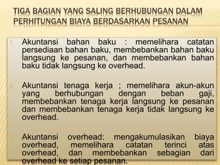 TIGA BAGIAN YANG SALING BERHUBUNGAN DALAM
PERHITUNGAN BIAYA BERDASARKAN PESANAN
1. Akuntansi bahan baku : memelihara catatan
persediaan bahan baku, membebankan bahan baku
langsung ke pesanan, dan membebankan bahan
baku tidak langsung ke overhead.
2. Akuntansi tenaga kerja ; memelihara akun-akun
yang berhubungan dengan beban gaji,
membebankan tenaga kerja langsung ke pesanan
dan membebankan tenaga kerja tidak langsung ke
overhead.
3. Akuntansi overhead: mengakumulasikan biaya
overhead, memelihara catatan terinci atas
overhead, dan membebankan sebagian dari
overhead ke setiap pesanan.
 