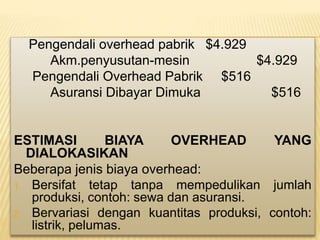 Pengendali overhead pabrik $4.929
Akm.penyusutan-mesin $4.929
Pengendali Overhead Pabrik $516
Asuransi Dibayar Dimuka $516
ESTIMASI BIAYA OVERHEAD YANG
DIALOKASIKAN
Beberapa jenis biaya overhead:
1. Bersifat tetap tanpa mempedulikan jumlah
produksi, contoh: sewa dan asuransi.
2. Bervariasi dengan kuantitas produksi, contoh:
listrik, pelumas.
 