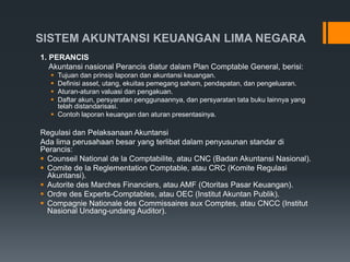 SISTEM AKUNTANSI KEUANGAN LIMA NEGARA
1. PERANCIS
Akuntansi nasional Perancis diatur dalam Plan Comptable General, berisi:
 Tujuan dan prinsip laporan dan akuntansi keuangan.
 Definisi asset, utang, ekuitas pemegang saham, pendapatan, dan pengeluaran.
 Aturan-aturan valuasi dan pengakuan.
 Daftar akun, persyaratan penggunaannya, dan persyaratan tata buku lainnya yang
telah distandarisasi.
 Contoh laporan keuangan dan aturan presentasinya.
Regulasi dan Pelaksanaan Akuntansi
Ada lima perusahaan besar yang terlibat dalam penyusunan standar di
Perancis:
 Counseil National de la Comptabilite, atau CNC (Badan Akuntansi Nasional).
 Comite de la Reglementation Comptable, atau CRC (Komite Regulasi
Akuntansi).
 Autorite des Marches Financiers, atau AMF (Otoritas Pasar Keuangan).
 Ordre des Experts-Comptables, atau OEC (Institut Akuntan Publik).
 Compagnie Nationale des Commissaires aux Comptes, atau CNCC (Institut
Nasional Undang-undang Auditor).
 
