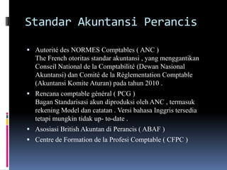 Standar Akuntansi Perancis
 Autorité des NORMES Comptables ( ANC )
The French otoritas standar akuntansi , yang menggantikan
Conseil National de la Comptabilité (Dewan Nasional
Akuntansi) dan Comité de la Réglementation Comptable
(Akuntansi Komite Aturan) pada tahun 2010 .
 Rencana comptable général ( PCG )
Bagan Standarisasi akun diproduksi oleh ANC , termasuk
rekening Model dan catatan . Versi bahasa Inggris tersedia
tetapi mungkin tidak up- to-date .
 Asosiasi British Akuntan di Perancis ( ABAF )
 Centre de Formation de la Profesi Comptable ( CFPC )
 