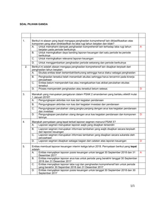 1/1
SOAL PILIHAN GANDA
1. Berikut ini alasan yang tepat mengapa penghasilan komprehensif lain diklasifikasikan atas
komponen yang akan direklasifikan ke laba rugi tahun berjalan dan tidak?
A. Untuk memahami dampak penghasilan komprehensif lain terhadap laba rugi tahun
berjalan pada periode berikutnya
A
B. Untuk meningkatkan daya banding laporan keuangan dari satu periode ke periode
berikutnya
C. Untuk meningkatkan relevansi laporan keuangan
D. Untuk menggambarkan penghasilan periode sekarang dan periode berikutnya
2. Berikut ini adalah alasan mengapa penghasilan komprehensif lain disajikan terpisah dari
penghasilan tahun berjalan:
A. Ekuitas entitas telah bertambah/berkurang sehingga harus diakui sebagai penghasilan
B. Penghasilan tersebut telah menambah ekuitas sehingga harus tercermin pada kinerja
perusahaan
C. Entitas belum memperoleh kas atau mengeluarkan kas akibat perubahan ekuitas
tersebut
D. Proses memperoleh penghasilan atau tersebut belum selesai. D
3. Manakah yang merupakan pengaturan dalam PSAK 2 amandemen yang berlaku efektif mulai
1 Januari 2018?
A. Pengungkapan aktivitas non kas dari kegiatan pendanaan
B. Pengungkapan aktivitas non kas dari kegiatan investasi dan pendanaan
C. Pengungkapan perubahan utang jangka panjang dengan arus kas kegiatan pendanaan
dan investasi
D. Pengungkapan perubahan utang dengan arus kas kegiatan pendanaan dan komponen
lainnya
D
4. Manakah pernyataan yang tepat terkait laporan segmen menurut PSAK 5?
A. Laporan segmen merupakan laporan wajib yang disajikan tersendiri
B. Laporan segmen merupakan informasi tambahan yang wajib disajikan secara terpisah
dari laporan keuangan
C. Laporan segmen merupakan informasi tambahan yang disajikan secara sukarela oleh
perusahaan
D. Laporan segmen disajikan sebagai bagian dari catatan atas laporan keuangan D
5. Entitas membuat laporan keuangan interim ketiga tahun 2018. Pernyataan berikut yang tepat
adalah:
A. Entitas menyajikan laporan posisi keuangan untuk tanggal 30 September 2018 dan 31
Desember 2017
A
B. Entitas menyajikan laporan arus kas untuk periode yang berakhir tanggal 30 September
2018 dan 31 Desember 2017
C. Entitas menyajikan laporan laba rugi dan penghasilan komprehensif lain untuk periode
yang berakhir 30 Sepember 2018 dan 31 Desember 2017
D. Entitas menyajikan laporan posisi keuangan untuk tanggal 30 September 2018 dan 30
September 2017
 