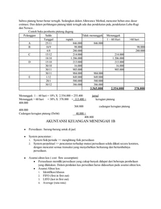 bahwa piutang benar-benar tertagih. Sedangkan dalam Allowance Method, mencatat beban atas dasar
estimasi. Dan dalam perhitungan piutang tidak tertagih ada dua pendekatan pula, pendekatan Laba-Rugi
dan Neraca .
Contoh buku pembantu piutang dagang
Pelanggan
Saldo
Tidak menunggak Menunggak
Tanggal
rupiah
1 – 60 Hari
>60 hari
A
25/11
846.000
846.000
B
16/9
98.000
98.000
6/8
280.000
280.000
C
15/12
214.000
214.000
18/10
1.206.000
1.206.000
D
15/10
213.000
213.000
30/10
16.000
16.000
30/11
905.000
905.000
30/11
904.000
904.000
E
1/12
849.000
849.000
20/1
580.000
580.000
30/12
386.000
386.000
3.565.000
2.554.000
378.000
Menunggak 1 – 60 hari = 10% X 2.554.000 = 255.400
jurnal
Menunggak > 60 hari = 30% X 378.000 = 113.400 +
kerugian piutang
408.000
368.800
cadangan kerugian piutang
408.000
Cadangan kerugian piutang (Debit)
__40.000 +
408.800

AKUNTANSI KEUANGAN MENENGAH 1B
●

Persediaan : barang-barang untuk di jual.

●

System pencatatan :
1. System fisik/periodic >> menghitung fisik persediaan
2. System perpektual >> pencatatan terhadap mutasi persediaan selalu diikuti secara kosisten,
dengan mencatat semua transaksi yang menyebabkan berkurang dan bertambahnya
persediaan.

●

Asumsi aliran kos ( cost flow assumption)
● Perusahaan memiliki persediaan yang cukup banyak didapat dari beberapa pembeliaan
yang dilakukan. Dalam penilaiian kas persediian harus didasarkan pada asumsi aliran kos.
● Asumsi Aliran kos:
1. Identifikasi khusus
2. FIFO (first in first out)
3. LIFO (last in first out)
4. Average (rata-rata)

 