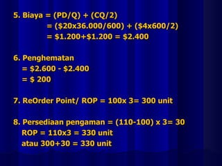 5. Biaya = (PD/Q) + (CQ/2)
         = ($20x36.000/600) + ($4x600/2)
         = $1.200+$1.200 = $2.400

6. Penghematan
   = $2.600 - $2.400
   = $ 200

7. ReOrder Point/ ROP = 100x 3= 300 unit

8. Persediaan pengaman = (110-100) x 3= 30
   ROP = 110x3 = 330 unit
   atau 300+30 = 330 unit
 