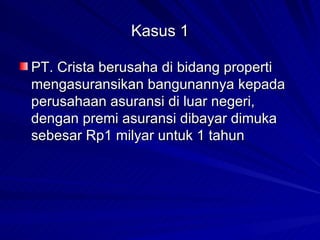 Kasus 1 PT. Crista berusaha di bidang properti mengasuransikan bangunannya kepada perusahaan asuransi di luar negeri, dengan premi asuransi dibayar dimuka sebesar Rp1 milyar untuk 1 tahun 