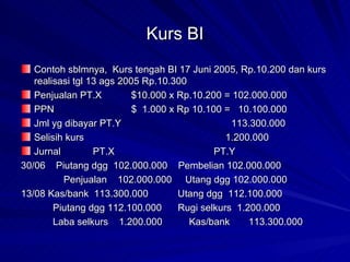 Kurs BI Contoh sblmnya,  Kurs tengah BI 17 Juni 2005, Rp.10.200 dan kurs realisasi tgl 13 ags 2005 Rp.10.300 Penjualan PT.X  $10.000 x Rp.10.200 = 102.000.000 PPN   $  1.000 x Rp 10.100 =  10.100.000 Jml yg dibayar PT.Y  113.300.000 Selisih kurs   1.200.000 Jurnal  PT.X  PT.Y 30/06 Piutang dgg  102.000.000  Pembelian 102.000.000   Penjualan  102.000.000  Utang dgg 102.000.000 13/08 Kas/bank  113.300.000  Utang dgg  112.100.000   Piutang dgg 112.100.000  Rugi selkurs  1.200.000   Laba selkurs  1.200.000  Kas/bank  113.300.000 