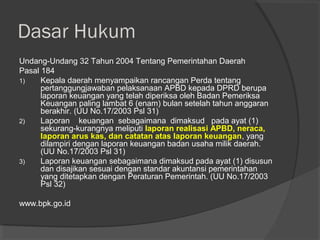 Dasar Hukum
Undang-Undang 32 Tahun 2004 Tentang Pemerintahan Daerah
Pasal 184
1) Kepala daerah menyampaikan rancangan Perda tentang
pertanggungjawaban pelaksanaan APBD kepada DPRD berupa
laporan keuangan yang telah diperiksa oleh Badan Pemeriksa
Keuangan paling lambat 6 (enam) bulan setelah tahun anggaran
berakhir. (UU No.17/2003 Psl 31)
2) Laporan keuangan sebagaimana dimaksud pada ayat (1)
sekurang-kurangnya meliputi laporan realisasi APBD, neraca,
laporan arus kas, dan catatan atas laporan keuangan, yang
dilampiri dengan laporan keuangan badan usaha milik daerah.
(UU No.17/2003 Psl 31)
3) Laporan keuangan sebagaimana dimaksud pada ayat (1) disusun
dan disajikan sesuai dengan standar akuntansi pemerintahan
yang ditetapkan dengan Peraturan Pemerintah. (UU No.17/2003
Psl 32)
www.bpk.go.id
 