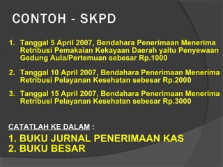 CONTOH - SKPD
1. Tanggal 5 April 2007, Bendahara Penerimaan Menerima
Retribusi Pemakaian Kekayaan Daerah yaitu Penyewaan
Gedung Aula/Pertemuan sebesar Rp.1000
2. Tanggal 10 April 2007, Bendahara Penerimaan Menerima
Retribusi Pelayanan Kesehatan sebesar Rp.2000
3. Tanggal 15 April 2007, Bendahara Penerimaan Menerima
Retribusi Pelayanan Kesehatan sebesar Rp.3000
CATATLAH KE DALAM :
1. BUKU JURNAL PENERIMAAN KAS
2. BUKU BESAR
 