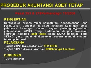 PROSEDUR AKUNTANSI ASET TETAP
PENGERTIAN
Serangkaian proses mulai pencatatan, penggolongan, dan
peringkasan transaksi dan/atau kejadian keuangan serta
pelaporan keuangan dalam rangka pertanggungjawaban
pelaksanaan APBD yang berkenaan dengan transaksi
dan/atau kejadian aset tetap pada SKPD dan/atau pada
SKPKD yang dapat dilaksanakan secara manual maupun
terkomputerisasi
PELAKSANA
Tingkat SKPD dilaksanakan oleh PPK-SKPD
Tingkat SKPKD dilaksanakan oleh PPKD-Fungsi Akuntansi
DOKUMEN
- Bukti MemorialBukti Memorial
Pasal 253 & 278Permendagri 13/2006
 