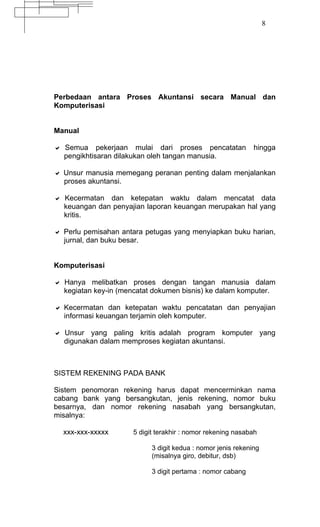 8




Perbedaan antara Proses Akuntansi secara Manual dan
Komputerisasi


Manual

a Semua pekerjaan mulai dari proses pencatatan                hingga
  pengikhtisaran dilakukan oleh tangan manusia.

a Unsur manusia memegang peranan penting dalam menjalankan
  proses akuntansi.

a Kecermatan dan ketepatan waktu dalam mencatat data
  keuangan dan penyajian laporan keuangan merupakan hal yang
  kritis.

a Perlu pemisahan antara petugas yang menyiapkan buku harian,
  jurnal, dan buku besar.


Komputerisasi

a Hanya melibatkan proses dengan tangan manusia dalam
  kegiatan key-in (mencatat dokumen bisnis) ke dalam komputer.

a Kecermatan dan ketepatan waktu pencatatan dan penyajian
  informasi keuangan terjamin oleh komputer.

a Unsur yang paling kritis adalah program komputer yang
  digunakan dalam memproses kegiatan akuntansi.



SISTEM REKENING PADA BANK

Sistem penomoran rekening harus dapat mencerminkan nama
cabang bank yang bersangkutan, jenis rekening, nomor buku
besarnya, dan nomor rekening nasabah yang bersangkutan,
misalnya:

  xxx-xxx-xxxxx       5 digit terakhir : nomor rekening nasabah

                            3 digit kedua : nomor jenis rekening
                            (misalnya giro, debitur, dsb)

                            3 digit pertama : nomor cabang
 