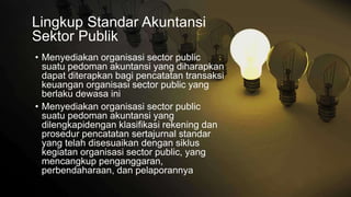 Lingkup Standar Akuntansi
Sektor Publik
• Menyediakan organisasi sector public
suatu pedoman akuntansi yang diharapkan
dapat diterapkan bagi pencatatan transaksi
keuangan organisasi sector public yang
berlaku dewasa ini
• Menyediakan organisasi sector public
suatu pedoman akuntansi yang
dilengkapidengan klasifikasi rekening dan
prosedur pencatatan sertajurnal standar
yang telah disesuaikan dengan siklus
kegiatan organisasi sector public, yang
mencangkup penganggaran,
perbendaharaan, dan pelaporannya
 