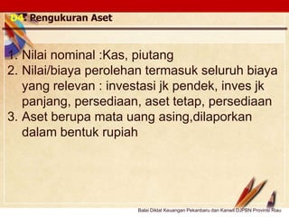 Click to edit Master text stylesLOGO
D4. Pengukuran Aset
1. Nilai nominal :Kas, piutang
2. Nilai/biaya perolehan termasuk seluruh biaya
yang relevan : investasi jk pendek, inves jk
panjang, persediaan, aset tetap, persediaan
3. Aset berupa mata uang asing,dilaporkan
dalam bentuk rupiah
Balai Diklat Keuangan Pekanbaru dan Kanwil DJPBN Provinsi Riau
 