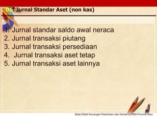 Click to edit Master text stylesLOGO
D5. Jurnal Standar Aset (non kas)
1. Jurnal standar saldo awal neraca
2. Jurnal transaksi piutang
3. Jurnal transaksi persediaan
4. Jurnal transaksi aset tetap
5. Jurnal transaksi aset lainnya
Balai Diklat Keuangan Pekanbaru dan Kanwil DJPBN Provinsi Riau
 