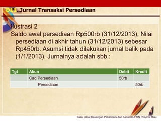 Click to edit Master text stylesLOGO
D11. Jurnal Transaksi Persediaan
Tgl Akun Debit Kredit
Cad Persediaan 50rb
Persediaan 50rb
Ilustrasi 2
Saldo awal persediaan Rp500rb (31/12/2013), Nilai
persediaan di akhir tahun (31/12/2013) sebesar
Rp450rb. Asumsi tidak dilakukan jurnal balik pada
(1/1/2013). Jurnalnya adalah sbb :
Balai Diklat Keuangan Pekanbaru dan Kanwil DJPBN Provinsi Riau
 