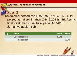 Click to edit Master text stylesLOGO
D13. Jurnal Transaksi Persediaan
Tgl Akun Debit Kredit
Cad Persediaan 500rb
Persediaan 500rb
Ilustrasi 2
Saldo awal persediaan Rp500rb (31/12/2013), Nilai
persediaan di akhir tahun (31/12/2013) nihil. Asumsi
tidak dilakukan jurnal balik pada (1/1/2013).
Jurnalnya adalah sbb :
Balai Diklat Keuangan Pekanbaru dan Kanwil DJPBN Provinsi Riau
 