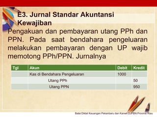 Click to edit Master text stylesLOGO
E3. Jurnal Standar Akuntansi
Kewajiban
Pengakuan dan pembayaran utang PPh dan
PPN. Pada saat bendahara pengeluaran
melakukan pembayaran dengan UP wajib
memotong PPh/PPN. Jurnalnya
Tgl Akun Debit Kredit
Kas di Bendahara Pengeluaran 1000
Utang PPh 50
Utang PPN 950
Balai Diklat Keuangan Pekanbaru dan Kanwil DJPBN Provinsi Riau
 