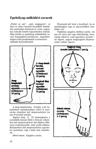 Epehólyag-működési zavarok
„Elönti az epe", „epés megjegyzés", az
ilyen és ehhez hasonló beszédbeli fordula-
tok a pszichikai élmények és a testi, organi-
kus reakciók közötti kapcsolatokra utalnak.
Még mielőtt az epehólyag müködésbeli za-
vara betegségként jelentkezne, megelőzés-
képpen lehet gondoskodni a természetes
működés helyreálításáról.
A Jang-domb forrása. (Ferdén a jól ki-
tapintható szárkapocsfejecs előtt) A cson-
tocska irányában kell akupresszúrázni (az
epe fő kezelési pontja).
Sugárzó Jang. (1 1/2 harántujjnyira a
szemöldök közepe fölött.) Görcsös roham-
ban kell akupresszúrázni; bal oldalon több-
nyire eredményesebb, mint a jobb oldalon.
Középerősen kell akupresszúrázni egyenle-
tes nyomással, míg a hatás nem mutatko-
zik.
Döntő roham. Epegörcs esetén.
28
Óvatosnak kell lenni a kezeléssel, ha az
epehólyagban vagy az epevezetékben lera-
kódás van!
Fájdalmas epegörcs (kólika) esetén, me
lyet túl zsíros étel vagy túlterheltség, bosz-
szúság váltott ki, csak egyenletes nyomás¨-
sal végzett, nagyon megnyugtató akupresz-
szúrát szabad végezni.
 