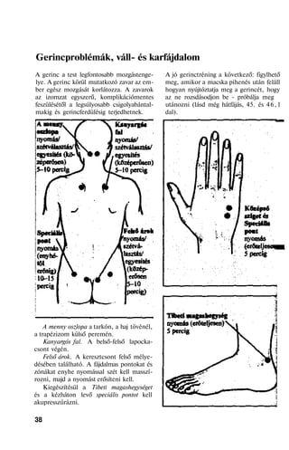 Gerincproblémák, váll- és karfájdalom
A gerinc a test legfontosabb mozgástenge-
lye. A gerinc körül mutatkozó zavar az em-
ber egész mozgását korlátozza. A zavarok
az izomzat egyszerű, komplikációmentes
feszülésétől a legsúlyosabb csigolyabántal-
makig és gerincferdülésig terjedhetnek.
A menny oszlopa a tarkón, a haj tövénél,
a trapézizom külső peremén.
Kanyargós fal. A belső-felső lapocka-
csont végén.
Felső árok. A keresztcsont felső mélye-
désében található. A fájdalmas pontokat és
zónákat enyhe nyomással szét kell masszí-
rozni, majd a nyomást erősíteni kell.
Kiegészítésül a Tibeti magashegységet
és a kézháton levő speciális pontot kell
akupresszúrázni.
38
A jó gerinctréning a következő: figylhető
meg, amikor a macska pihenés után feláll
hogyan nyújtóztatja meg a gerincét, hogy
az ne rozsdásodjon be - próbálja meg
utánozni (lásd még hátfájás, 45. és 46,1
dal).
 