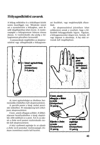 Hólyagműködési zavarok
A hólyag működése és a lelkiállapot között
szoros összefüggés van. Mindenki ismeri
azt a nyomásérzést a hólyagban, amit fe-
szült idegállapotban lehet érezni. A vizelet-
csepegést a hólyagizomzat hiányos tónusa
okozza. A vizeletrekedés oka pedig a hó-
lyagizomzat görcsében keresendő.
A panaszoknak megfelelően az akupresz-
szúrával vagy elősegíthetjük a hólyagizom-
Az isteni egykedvűséget az általános har-
monizálás érdekében kell akupresszúrázni.
A speciális pontot a kisujj utolsó percé-
nek ízületében 30 másodpercig kell erőtel-
jesen akupresszúrázni.
Csont, amely elhagyja a földet. A lábkö-
zépcsont bemélyedésében a kisujj alapízü-
lete előtt található ez a pont. Ezt és az elju-
tás a Jinbe nevű pontot vizeletrekedés ese-
tén kell akupresszúrázni.
A házi szellemek segítsége és az eljutás
a Jinbe nevű pontokat vizeletcsepegés (hi-
ányos izomtónus) esetén kell kezelni.
zat feszülését, vagy megkönnyítjük ellazu-
lását.
Az akupresszúrával jelentősen lehet
csökkenteni annak a veszélyét, hogy a fel-
fázásból hólyaggyulladás legyen. Vigyázat,
a hólyagpanaszokat idegen test, homok, kő
vagy daganat is okozhatja. A baj okát or-
vosnak kell megállapítani.
43
 
