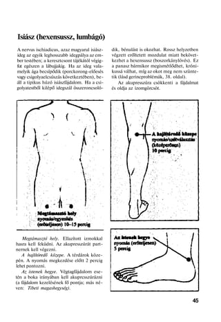 Isiász (hexensussz, lumbágó)
A nervus ischiadicus, azaz magyarul isiász-
ideg az egyik leghosszabb idegpálya az em-
ber testében; a keresztcsont tájékától végig-
fut egészen a lábujjakig. Ha az ideg vala-
melyik ága becsípődik (porckorong-előesés
vagy csigolyaelcsúszás következtében), be-
áll a tipikus húzó isiászfájdalom. Ha a csi-
golyatestből kilépő idegszál összeroncsoló-
Megtámasztó hely. Ellazított izmokkal
hasra kell feküdni. Az akupresszúrát part-
nernek kell végezni.
A hajlítóredő közepe. A térdárok köze-
pén. A nyomás megkezdése előtt 2 percig
lehet pontozni.
Az istenek hegye. Végtagfájdalom ese-
tén a boka irányában kell akuprcsszúrázni
(a fájdalom kezelésének fő pontja; más né-
ven: Tibeti magashegység).
dik, bénulást is okozhat. Rossz helyzetben
végzett erőltetett mozdulat miatt bekövet-
kezhet a hexensussz (boszorkánylövés). Ez
a panasz bármikor megismétlődhet, króni-
kussá válhat, míg az okot meg nem szünte-
tik (lásd gerincproblémák, 38. oldal).
Az akupresszúra csökkenti a fájdalmat
és oldja az izomgörcsöt.
45
 