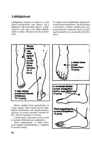 Lábfájdalmak
Lábfájdalmat okozhat az izmok és az inak
túlzott igénybevétele vagy érgörcs. Ha a
fájdalmat a láb duzzadása okozza, a funk-
ciózavar a szív vagy a vese hibás működé-
séből is eredhet. Ilyenkor orvoshoz kell for-
dulni.
Három mérföld (isteni egykedvűség) és
a hegy oszlopa. Görcs esetén partner segít-
ségével kombináltan kell akupresszúrázni,
egyszerre az azonos pontokat mindkét lá-
bon, köröző mozgással, I5 percig.
A döntő roham. Duzzadás esetén az első
és második lábközépcsont szögletében.
Tibeti magashegység. A külső boka-
csont mögötti bemélyedésben. A fájdalom
fö kezelési pontja.
50
Az érgörcs okozta fájdalmakat akupresszú-
rával jól lehet befolyásolni. Az ősi Kínában
a katonákat a Három mérföld pont aku-
presszúrázásával segítették hozzá a fárad-
ság leküzdéséhez és a menetelés jobb tűré-
séhez.
 