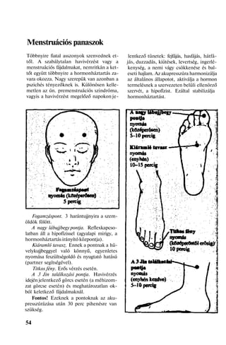 Menstruációs panaszok
Többnyire fiatal asszonyok szenvednek et-
től. A szabálytalan havivérzést vagy a
menstruációs fájdalmakat, nemritkán a ket-
tőt együtt többnyire a hormonháztartás za-
vara okozza. Nagy szerepük van azonban a
pszichés tényezőknek is. Különösen kelle-
metlen az ún. premenstruációs szindróma,
vagyis a havivérzést megelőző napokon je-
Fogamzáspont. 3 harántujjnyira a szem-
öldök fölött.
A nagy lábujjbegy pontja. Reflexkapcso-
latban áll a hipofízissel (agyalapi mirigy, a
hormonháztartás irányító központja).
Kiáramló tavasz. Ennek a pontnak a hü-
velykujjbeggyel való könnyű, egyenletes
nyomása feszültségoldó és nyugtató hatású
(partner segítségével).
Titkos fény. Erős vérzés esetén.
A 3 Jin találkozási pontja. Havivérzés
idején jelentkező görcs esetén (a méhizom-
zat görcse esetén) és meghatározatlan ok-
ból keletkező fájdalmaknál.
Fontos! Ezeknek a pontoknak az aku-
presszúrázása után 30 perc pihenésre van
szükség.
54
lentkező tünetek: fejfájás, hasfájás, hátfá-
jás, duzzadás, kiütések, levertség, ingerlé-
kenység, a nemi vágy csökkenése és bal-
eseti hajlam. Az akupresszúra harmonizálja
az általános állapotot, aktiválja a hormon
termelésnek a szervezeten belüli ellenörző
szervét, a hipofízist. Ezáltal stabilizálja
hormonháztartást.
 
