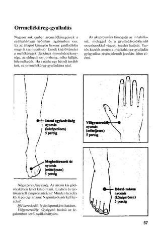 Orrmelléküreg-gyulladás
Nagyon sok ember arcmelléküregeinek a
nyálkahártyája krónikus izgalomban van.
Ez az állapot könnyen heveny gyulladásba
megy át (szinuszitisz). Ennek kísérő tünetei
a melléküregek tájékának nyomásérzékeny-
sége, az eldugult orr, orrhang, néha fejfájás,
hőemelkedés. Ha a nátha egy hétnél tovább
tart, ez orrmelléküreg-gyulladásra utal.
Négyszeres fényesség. Az arcon kis göd-
röcskében lehet kitapintani. Enyhén és tar-
tósan kell akupresszúrázni! Minden kezelés
kb. 6 percig tartson. Naponta ötször kell ke-
zelni!
Ifjú kereskedő. Nyirokpontként hatásos.
Völgymeredély. Gyógyító hatású az iz-
galomban levő nyálkahártyára.
Az akupresszúra támogatja az inhalálás-
sal, meleggel és a gyulladáscsökkentő
orrcsöppekkel végzett kezelés hatását. Tar-
tós kezelés esetén a nyálkahártya-gyulladás
gyógyulása révén jelentős javulást lehet el-
érni.
57
 