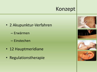 Konzept

• 2 Akupunktur-Verfahren
  – Erwärmen

  – Einstechen

• 12 Hauptmeridiane

• Regulationstherapie
 