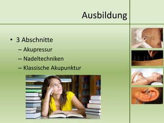 Ausbildung

• 3 Abschnitte
  – Akupressur
  – Nadeltechniken
  – Klassische Akupunktur
 