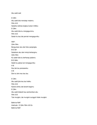Aku sakit wali


E C#m
Aku sakit bila menatap matamu
F#m A B
Sadarku bahwa engkau bukan milikku
E C#m
Aku sakit bila ku mengagumimu
F#m A B
Sadar ku kau tak pernah mengagumiku


Reff :
C#m F#m
Bangunkan aku dari tidur panjangku
B E G#
Sadarkan aku dari mimpi tentangmu
C#m F#m
Ku salah bila ku berharap padamu
B E G#m
Salah ku paksa tuk mengagumiku
AB
Kau tak tau perasaanku
AB
Dan ku tak mau kau tau


E C#m
Aku sakit jika kau tau hatiku
F#m A B
Karena diriku tak berarti bagimu
E C#m
Aku sakit bilakah kau sembuhkan aku
F#m A B
Tak mungkin, tak mungkin sungguh tidak mungkin


Balik ke Reff
Interlude : E C#m F#m A B 2x
Balik ke Reff
 