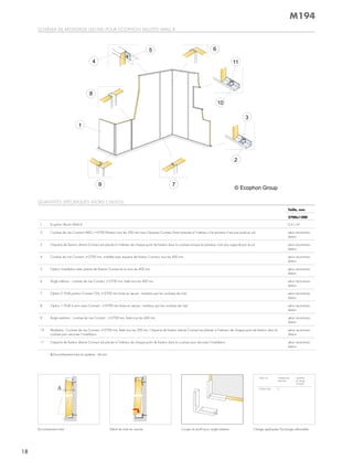 Schéma de montage (m194) pour ecophon akuSto Wall a
encombrement total détail de mise en oeuvre coupe du profil pour angle intérieur
QuantitéS SpécifiQueS (horS chuteS)
Taille, mm
2700x1200
1 ecophon akusto Wall a 0,31/m²
2 coulisse de rive connect 0465, l=2700 (fixation tous les 300 mm max.) equerres connect direct placées à l'intérieur si le panneau n'est pas posé au sol. selon recomman-
dation
3 l'équerre de fixation directe connect est placée à l'intérieur de chaque point de fixation dans la coulisse lorsque le panneau n'est pas supporté par le sol. selon recomman-
dation
4 coulisse de rive connect, l=2700 mm, installée avec équerre de fixation connect, tous les 400 mm selon recomman-
dation
5 option: installation avec platine de fixation connect et vis tous les 400 mm selon recomman-
dation
6 angle intérieur : coulisse de rive connect, l=2700 mm, fixée tous les 400 mm selon recomman-
dation
7 option 2: profil porteur connect t24, l=3700 mm (mise en œuvre : maintenu par les coulisses de rive) selon recomman-
dation
8 option 1: profil à joint creux connect , l=2700 mm (mise en œuvre : maintenu par les coulisses de rive) selon recomman-
dation
9 angle extérieur : coulisse de rive connect , l=2700 mm, fixée tous les 400 mm selon recomman-
dation
10 périphérie : coulisse de rive connect, l=2700 mm, fixée tous les 300 mm. l'équerre de fixation directe connect est placée à l'intérieur de chaque point de fixation dans la
coulisse pour sécuriser l'installation
selon recomman-
dation
11 l'équerre de fixation directe connect est placée à l'intérieur de chaque point de fixation dans la coulisse pour sécuriser l'installation selon recomman-
dation
Δ encombrement total du système : 44 mm
taille, mm charge maxi-
male utile
capacité
de charge
minimale
2700x1200 0 -
charge appliquée/Surcharge admissible
M194
18
 