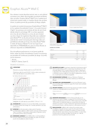 * **
* Muralis
** Akutex FT, Texona, Super G
Ecophon Akusto™ Wall C
Pour utilisation comme absorbant vertical, avec ou sans plafond
acoustique, pour obtenir des propriétés acoustiques excellentes
dans une pièce. Ecophon Akusto™ Wall C est un système bord
à bord sans ossature visible, un chanfrein discret crée une fente
étroite. Le système permet des possibilités de désign multiples.
Le système est constitué de panneaux EcophonAkusto™ Wall C
et d’un système d’encadrement Connect , d’un poids d’environ
5 kg/m². Les panneaux sont constitués de laine de verre haute
densité utilisant la technologie 3RD. La surface apparente
est un tissu de verre (Texona) ou un tissu de verre résistant
aux chocs (Super G), également disponible avec revêtement
peint (Akutex™ FT). Le dos des panneaux est recouvert d’un
voile de verre naturel. Les bords peints des longs côtés sont
partiellement rebordés par le tissu de surface.Akusto™ Wall
C revêtu de Texona, d’Akutex FT et du tissu Super G est
disponible en 2700x600x40 mm, avec la surface Muralis, la
dimension disponible est 2400x600x40mm.
Pour de meilleures performances et une bonne qualité de
finition, utiliser les profils d’encadrement Connect et accessoires
qui permettent de nombreuses possibilités de design. Les profils
sont en aluminium.
Acoustique
Absorption acoustique: Résultats selon la norme EN ISO 354.
Classification selon la norme EN ISO 11654, et valeurs estimatives de
NRC et de SAA selon la norme ASTM C 423.
αp
Coefficient d’absorption pratique
400020001000500250125
0.2
0.4
0.6
0.8
1.0
0.0
Fréquence Hz
--- Ecophon Akusto™ Wall C/Texona 40 mm hht.
- - - Ecophon Akusto™ Wall C/Super G 40 mm hht.
— Ecophon Akusto™ Wall C/Akutex FT 40 mm hht.
— Ecophon Akusto™ Wall C/Muralis 50 mm hht.
hht = hauteur de construction hors tout
Produit Akutex
FT
Super G Texona Muralis
hht. mm 40 40 40 50
classe d´absorption A A A A
αw 1,00 1,00 1,00 0,95
Isolation acoustique: Non applicable.
Intelligibilité: AC=240 selon la norme ASTM E 1376 et E 1110
Accessibilité Les panneaux ne sont pas démontables, sauf exception
sur certains schémas de montage. Voir “quantités spécifiques” pour plus
d’informations.
entretien Peut être épousseté ou dépoussiéré à l’aspirateur
quotidiennement, nettoyé au chiffon humide une fois par semaine (surface
Super G et Akutex FT); épousseté ou dépoussiéré à l’aspirateur une fois
par semaine (surfaces Texona et Muralis).
rendement lumineux Akusto Wall en blanc a une haute réflexion
lumineuse. Réflexion lumineuse et échantillon de couleur NCS le plus
proche: Voir la palette de couleurs Ecophon
influence du climAt Les panneaux supportent en permanence jusqu’à
95% d’humidité relative à 30°C ( surface Super G et Akutex FT) et 75%
d’humidité relative à 30°C (surface Texona) sans flèche, ni déformation,
ni dégradation (EN 13964). Résistance thermique, Rp=1,0 m²°C/W. Si
un absorbant mural est installé pour une isolation supplémentaire contre le
mur, un pare-vapeur pourrait être envisageable.
environnement intérieur Label pour l’Ambiance Climatique
Intérieure, recommandé par l’Association Suédoise pour l’Asthme et les
Allergies
influence sur l’environnement Laine de verre fabriquée à partir
de la technologie 3RD. Ecolabel du Cygne (The Nordic Swan eco-label).
Totalement recyclable.
sécurité incendie La laine de verre des panneaux est testée et classée
comme non combustible selon la norme EN ISO 1182.
Classification réaction au feu
Pays Norme Classification
Europe EN 13501-1 A2-s1,d0
ProPriétés mécAniques Les finitions Texona et Muralis ont une
résistance aux impacts modérée. Le système M195 et M196 avec tissu
Super G a été testé selon la norme EN 13964 annexe D et la norme DIN
18032 partie 3 et satisfait les exigences correspondant à la classe de
résistance aux impacts 1A. Note : derrière des cages de but de Hockey, il
est nécessaire d’ajouter un filet de protection ou des protections en bois.
mise en oeuvre Installation selon schémas de montage, guides
d’installation et logiciels de dessin assisté. Pour la hauteur minimum de
l’ensemble du système voir quantitatif. Les systèmes ne doivent pas être
placés derrière les cages de buts ou les zones similaires, au risque d’être
touchés par les tirs puissants de balles. Dans de tels cas, un filet de
protection à l’avant du système est recommandé.
kg
Coupe sur système Akusto™ Wall C
Système Akusto™ Wall C avec un profil
Connect WP et un angle extérieur
Système Akusto™ Wall avec profils Thinline
Akusto™ Wall C
PROPRIéTéS TECHNIquES
Taille, mm
2400 2700
x x
600 600
Profil Thinline • •
Profil WP • •
Epaisseur 40 40
Schéma de montage M195, M196,
M303
M195, M196,
M235, M303
GAmme de système
20
 