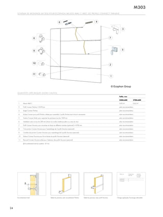 Schéma de montage (m 303) pour ecophon akuSto Wall c avec leS profilS connect thinline
encombrement total détail du panneau avec encadrement thinline détail du panneau avec profil Structure
QuantitéS SpécifiQueS (horS chuteS)
Taille, mm
2400x600 2700x600
1 akusto Wall c 0,69/m² 0,62/m²
2 profil connect thinline, l=2678 mm selon recommandation
3 angle connect thinline selon recommandation
4 eclisse connect pour profil thinline, utilisée pour assembler 2 profils thinline bout à bout si nécessaire. selon recommandation
5 fixation connect ambit, pour supporter les panneaux tous les 1000 mm selon recommandation
6 installation avec vis tous les 200 mm (choisir la vis selon matériaux pleins ou creux du mur) selon recommandation
7 profil connect Structure, pour accentuer et diviser en différents modules (optionnel), l=2700 mm selon recommandation
8 t de jonction connect Structure pour l'assemblage de 3 profils Structure (optionnel) selon recommandation
9 croisillon de jonction connect Structure, pour assemblage de 4 profils Structure (optionnel) selon recommandation
10 embout connect Structure pour finir et fermer les profils Structure (optionnel) selon recommandation
11 raccord connect Structure utilisé pour l'extension des profils Structure (optionnel) selon recommandation
Δ encombrement total du système : 67 mm
taille, mm charge maxi-
male utile
capacité
de charge
minimale
2400x600 0 -
2700x600 0 -
charge appliquée/Surcharge admissible
M303
24
 
