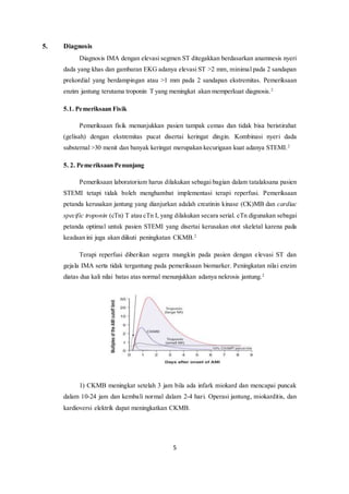 5
5. Diagnosis
Diagnosis IMA dengan elevasi segmen ST ditegakkan berdasarkan anamnesis nyeri
dada yang khas dan gambaran EKG adanya elevasi ST >2 mm, minimal pada 2 sandapan
prekordial yang berdampingan atau >1 mm pada 2 sandapan ekstremitas. Pemeriksaan
enzim jantung terutama troponin T yang meningkat akan memperkuat diagnosis.2
5.1. Pemeriksaan Fisik
Pemeriksaan fisik menunjukkan pasien tampak cemas dan tidak bisa beristirahat
(gelisah) dengan ekstremitas pucat disertai keringat dingin. Kombinasi nyeri dada
substernal >30 menit dan banyak keringat merupakan kecurigaan kuat adanya STEMI.2
5. 2. Pemeriksaan Penunjang
Pemeriksaan laboratorium harus dilakukan sebagai bagian dalam tatalaksana pasien
STEMI tetapi tidak boleh menghambat implementasi terapi reperfusi. Pemeriksaan
petanda kerusakan jantung yang dianjurkan adalah creatinin kinase (CK)MB dan cardiac
specific troponin (cTn) T atau cTn I, yang dilakukan secara serial. cTn digunakan sebagai
petanda optimal untuk pasien STEMI yang disertai kerusakan otot skeletal karena pada
keadaan ini juga akan diikuti peningkatan CKMB.2
Terapi reperfusi diberikan segera mungkin pada pasien dengan elevasi ST dan
gejala IMA serta tidak tergantung pada pemeriksaan biomarker. Peningkatan nilai enzim
diatas dua kali nilai batas atas normal menunjukkan adanya nekrosis jantung.2
1) CKMB meningkat setelah 3 jam bila ada infark miokard dan mencapai puncak
dalam 10-24 jam dan kembali normal dalam 2-4 hari. Operasi jantung, miokarditis, dan
kardioversi elektrik dapat meningkatkan CKMB.
 