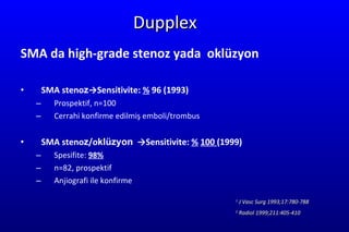 Dupplex SMA  da h igh-grade steno z   yada  oklüzyon SMA steno z -> Sensitivit e :  %   96  (1993)  Prospe ktif , n=100 Cerrahi konfirme edilmiş  emboli/t rombus SMA steno z /o klüzyon   -> Sensitivit e :  %   100  (1999) Spe sifite :  98% n =82, prospe k ti f Anjiografi ile konfirme 1  J Vasc Surg 1993;17:780-788 2  Radiol 1999;211:405-410 