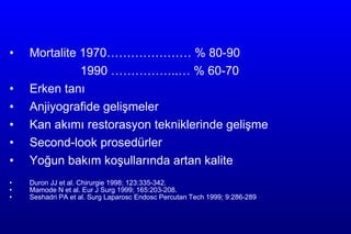 Mortalite 1970………………… % 80-90  1990 ……………..… % 60-70   Erken tanı Anjiyografide gelişmeler  Kan akımı restorasyon tekniklerinde gelişme Second-look prosedürler Yoğun bakım koşullarında artan kalite Duron JJ  et al.  Chirurgie 1998; 123:335-342. Mamode N  et al . Eur J Surg 1999; 165:203-208. Seshadri PA  et al . Surg Laparosc Endosc Percutan Tech 1999; 9:286-289 