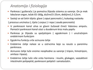 Anatomija i fiziologija
 Pankreas ( gušterača ) je pomoćna žlijezda sistema za varenje. On je mek
lobularan organ, težak 65-160g, dužine15-25cm, debljine1,5-3,5cm.
 Sastoji se od četiri dijela: glave ( caput pancreatis ), kukastog nastavka
( procesus uncinatus ), tijela ( corpus ) i repa ( cauda pancreatis)
 U pankreasni kanal uliva se glavni žučovod čineći Vaterovu ampulu.
Pomoćni pankreasni kanal ulazi u duodenum kroz malu papilu
 Pankreas je žlijezda sa spoljašnjom ( egzokrinom ) i unutrašnjom
endokrinom funkcijom
 Egzokrinu funkciju vrše acinusne ćelije
 Endokrine ćelije nalaze se u ostrvcima koje su rasute u parenimu
pankreasa.
 Acinusne ćelije luče enzime neophodne za varenje ( tripsin, himotripsin,
amilaza i lipaza).
 Endokrine ćelije luče više vrsta hormona : insulin, glukagon, vazoaktivni
intestinalni polipeptid, pankreasni poliptid i samatostatin.
 