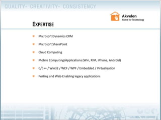 Microsoft Dynamics CRMMicrosoft SharePointCloud ComputingMobile Computing/Applications (Win, RIM, iPhone, Android)C/C++ / Win32 / WCF / WPF / Embedded / VirtualizationPorting and Web-Enabling legacy applicationsExpertise