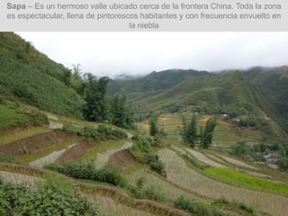 Sapa – Es un hermoso valle ubicado cerca de la frontera China. Toda la zona
es espectacular, llena de pintorescos habitantes y con frecuencia envuelto en
la niebla
 