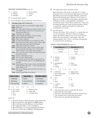 13English World ESO 1 ©B Burlington Books
Workbook Answer Key
MAKING SUGGESTIONS (page 53)
1	 1.	 musical	 4.	 science fiction
	 2.	 romance	 5.	 western
	 3.	 animated	 6.	 action
2	 Accept all logical answers.
3	 Accept all logical and grammatically correct answers.
4 Listening (Class CD 5, Track 12):
	 Dan:	 Would you like to see this DVD tonight, Ellen?
	 Ellen:	 What is it?
	 Dan:	 It’s a film called Challenge. Gregory Grant is in it.
	 Ellen:	Oh, I like Gregory Grant. He’s an amazing actor.
What type of film is it?
	 Dan:	 Challenge? It’s a drama.
	 Ellen:	 I don’t usually like dramas. They’re boring.
	 Dan:	 But this film looks interesting.
	 Ellen:	 Well, what’s it about?
	 Dan:	 It’s about the Olympics in Los Angeles in 1984.
	 Ellen:	Sorry, Dan, but I don’t want to see it. I don’t enjoy
films about sport and I hate the Olympics.
	 Dan:	 What types of films do you like?
	 Ellen:	I like horror films. They’re more exciting. Have
they got the film Dark Days? It’s a horror film
about vampires. I love films about vampires.
	 Dan:	No, I can’t see it here. There are other horror films
but not Dark Days.
	 Ellen:	 So let’s watch The Last Year.
	 Dan:	 The Last Year? What’s that?
	 Ellen:	It’s a science fiction film. But it’s got action, too.
It’s about the future, and it’s very frightening and
exciting.
	 Dan:	Sounds great! I like science fiction, and I like films
about the future. But wait ... I can’t see that DVD
either. Where is it?
	 Ellen:	Oh, I’m not talking about the DVD. The film is on
TV tonight.
	 Dan:	 Great! A good film for no money!
5	 1.	 b	 2.	 b	 3.	 b	 4.	 b	 5.	 b
6	 1.	 Let’s watch	 5.	 Would you like
	 2.	 How about	 6.	 a good idea
	 3.	 love	 7.	 a comedy about
	 4.	 Sorry
(page 54)
7	 1.	 Fantastic Voyage is Tom’s favourite science fiction film.
	 2.	 My favourite book is The Hobbit by J.R.R. Tolkien.
	 3.	 Do you like the song, Bad Romance by Lady Gaga?
	 4.	 I’m reading The Safari, a story about Kenya.
	 5.	 Every Christmas, we visit my grandparents in London.
	 6.	 This year, school starts on Monday, 10th September.
8	 The bolded letters below should be circled.
	 James Cameron’s film Avatar is amazing! It’s a science
fiction film, but it’s also got action and romance. In the film,
Jake Sully must travel to the planet, Pandora, and become
friends with the people there. Humans can’t live there, so
Jake uses an avatar. With his avatar, Jake meets the people
of Pandora, the Na’vi. A beautiful Na’vi girl Naytiri
becomes the avatar’s friend. Naytiri teaches the avatar about
her people and they have many exciting adventures. Avatar
is a great film, and the special effects are fantastic! I
recommend it to everyone.
9	 Possible Answer
	The new film, Dance Flick, is great! It’s a comedy film, but
it’s also got romance. The film is about two teenagers,
Megan and Thomas. Megan moves to the city to become a
dancer. She meets Thomas, a street dancer. They start
dancing together. Dance Flick is very funny and enjoyable.
It’s got great music and dancing.
CHECK YOUR PROGRESS (page 55)
1 Good films are … Bad films are …
2	 1.	 musical	 4.	 romance
	 2.	 comedy	 5.	 western
	 3.	 horror
3	 1.	 grandparents	 4.	 butter
	 2.	 drive	 5.	 A mosquito
	 3.	 cycling
4	 1.	 e	 2.	 d	 3.	 b	 4.	 a	 5.	 c
5	 1.	 older than	 4.	 happier than
	 2.	 more famous than	 5.	 friendlier than
	 3.	 bigger than
6	 1.	 him	 4.	 it
	 2.	 us		 5.	 me
	 3.	 them
7	 1.	 carefully	 4.	 can’t
	 2.	 some	 5.	 wants
	 3.	 aren’t sleeping
8	 1.	 The action film is more exciting than the drama.
	 2.	 I don’t like this silly comedy.
	 3.	 The film is more interesting and realistic than the book.
	 4.	 This animated film is funnier than the musical.
	 5.	 Horror films are enjoyable but frightening.
interesting
exciting
terrible
boring
silly
1.	 Challenge
2.	 Dark Days
3.	 The LastYear
Name of film
	 horror
	 science fiction
	 drama
Type of film
	 the future
	 the Olympics
	 vampires
The film is about
2
3
1
3
1
2
 