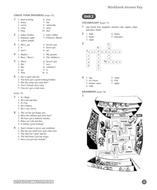 English World ESO 1 ©B Burlington Books
Workbook Answer Key
CHECK YOUR PROGRESS (page 15)
1	 1.	 hard-working	 6.	 nose
	 2.	 funny	 7.	 fair
	 3.	 clever	 8.	 unfriendly
	 4.	 curly	 9.	 arms
	 5.	 long	 10.	 thin
2	 1.	 father, brother	 4.	 ruler, rubber
	 2.	 nineteen, eight	 5.	 February, March
	 3.	 yellow, purple
3	 1.	 Have, got	 4.	 haven’t got
	 2.	 is		 5.	 hasn’t got
	 3.	 aren’t	 6.	 are
4	 1.	 Shelly’s	 3.	 My parents’
	 2.	 Russ’ / Russ’s	 4.	 The children’s
5	 1.	 These	 6.	 haven’t got
	 2.	 Her	 7.	 isn’t
	 3.	 She	 8.	 celebrity’s
	 4.	 are	 9.	 it
	 5.	 That	 10.	 is
6	 1.	 Jim is quiet and shy.
	 2.	 You have got a good-looking brother.
	 3.	 Has the avatar got curly hair?
	 4.	 Tom’s friends aren’t lazy.
	 5.	 I haven’t got a wide nose.
(page 16)
7	 1.	 It’s Mark.
	 2.	 He’s tall and thin.
	 3.	 It’s fair.	
	 4.	 He’s fifteen.
	 5.	 He’s very clever.
8	 1. 	The cat has got funny ears.
	 2.	 Have the children got curly hair?
	 3.	 We have got a fantastic teacher.
	 4.	 Ellen isn’t tall and thin.
	 5.	 Is Johnny good-looking?
9	 1.	 Sam’s friend is clever and confident.
	 2.	 She has got small eyes and a thin nose.
	 3.	 The man isn’t short and fat.
	 4.	 The bird hasn’t got big wings.
	 5.	 Have you got nice friends?
	 Unit 2
VOCABULARY (page 17)
1	egg, bread, fish, spaghetti, chicken, cake, apples, chips,
pancakes, butter
2	 1.	 milk	 4.	 butter
	 2.	 beans	 5.	 pancakes
	 3.	 sugar
3	
4	 1.	 egg	 5.	 sugar
	 2.	 ice cream	 6.	 fish
	 3.	 tomato sauce	 7.	 apple
	 4.	 milk
GRAMMAR (page 18)
1	
spaghetti
apple
pancake
meatball
strawberry
sandwich
basket
banana
bag
menu
Sam
1
2
3
4
c
h
e
e
s
e
s
a
u
s
s
t
e
a
k
b a n s
rt rr yw b
a
g
e
rice
sugar
bread
coffee
butter
food
cheese
 