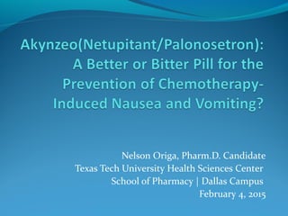 Nelson Origa, Pharm.D. Candidate
Texas Tech University Health Sciences Center
School of Pharmacy | Dallas Campus
February 4, 2015
 